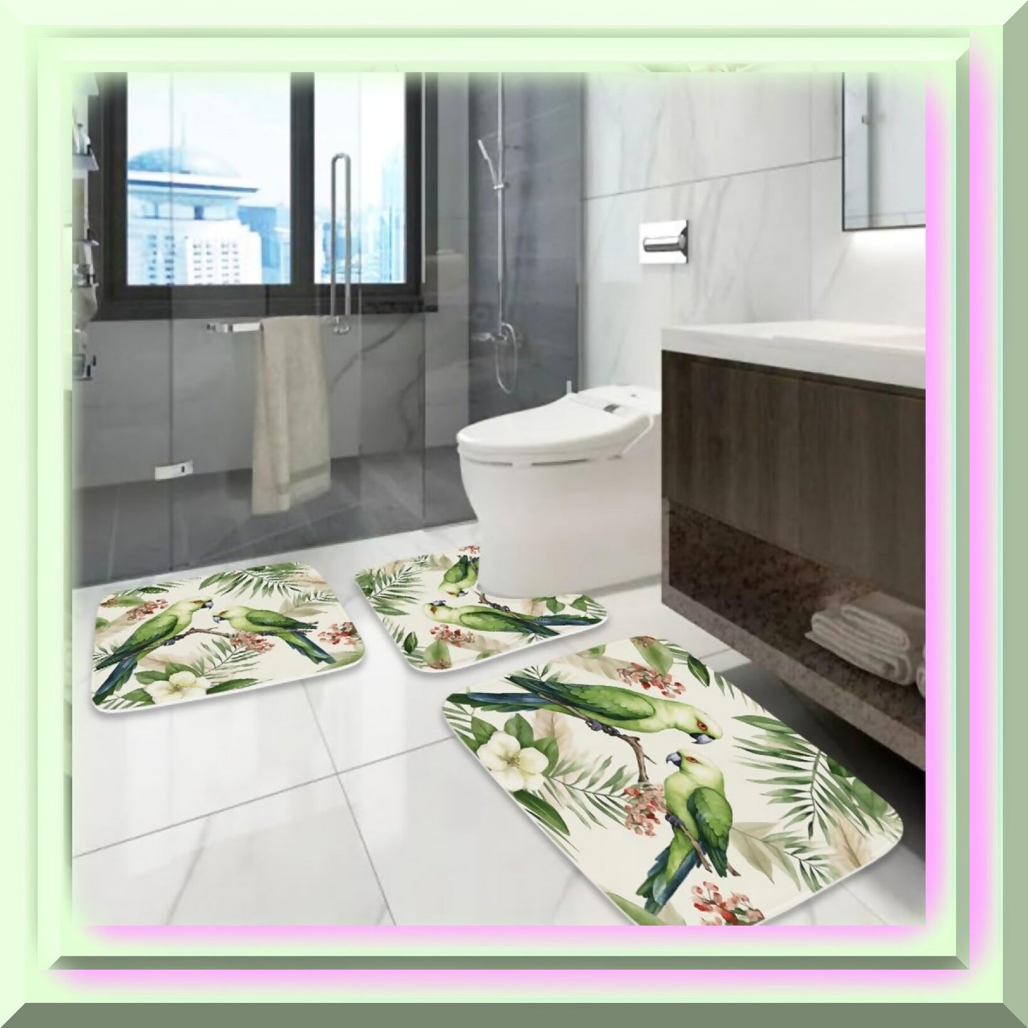 Green Tropical Parrot Bathroom Rugs 20x31 and 16x24 Set