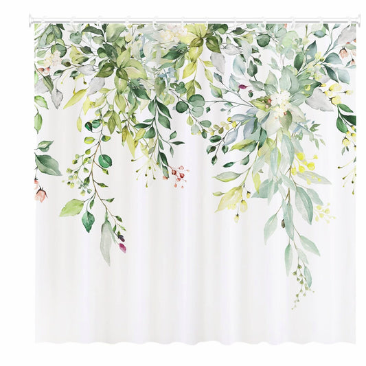 72x72 Inch Green Eucalyptus Shower Curtain Set with 12 Hooks
