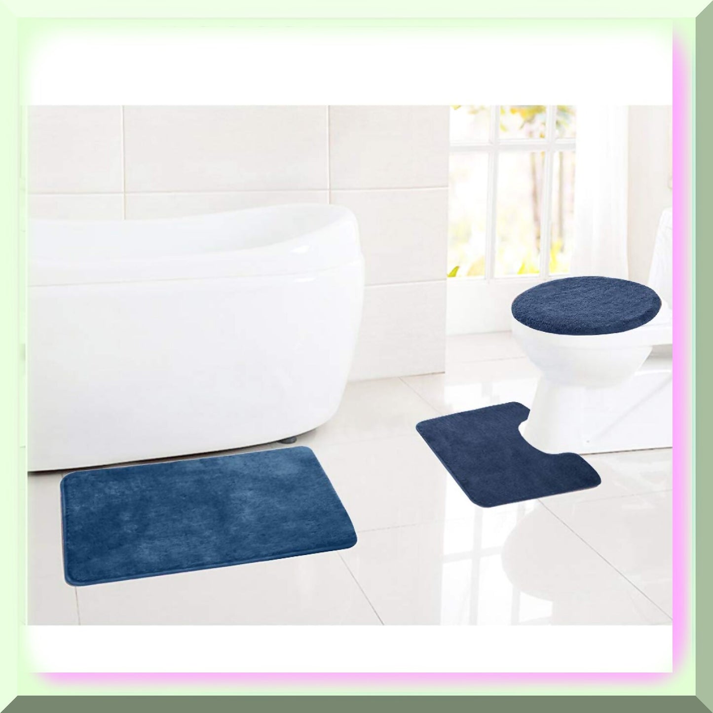 3 Pieces Bathroom Rugs Set Blue