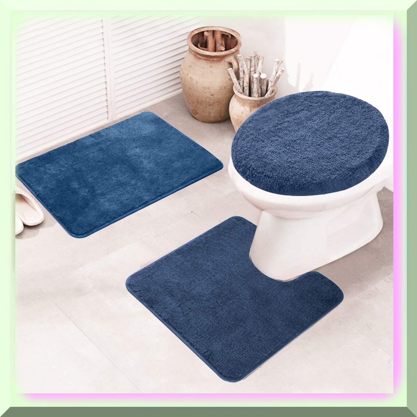 3 Pieces Bathroom Rugs Set Blue
