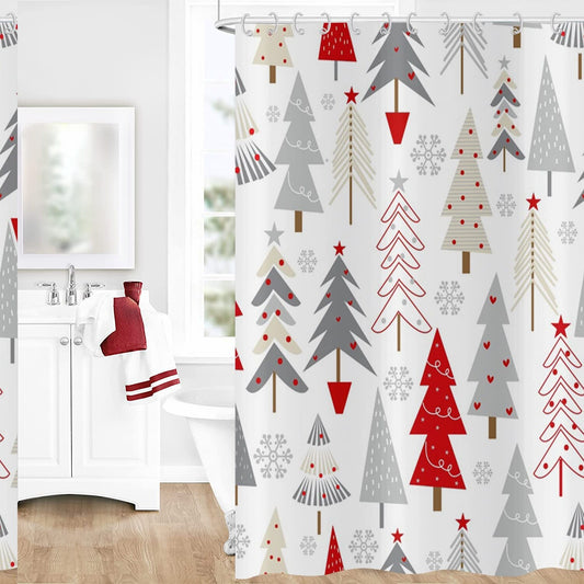 Tree Shower Curtain Grey Beige Red Xmas Tree with Stars Snowflake 72x72 inches