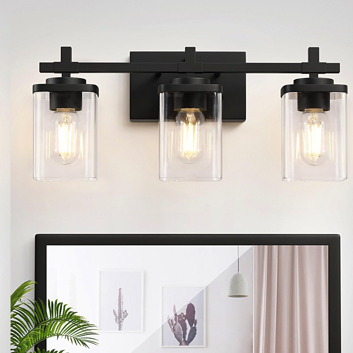 3-Light Black Bathroom Vanity Light with Clear Glass Shades
