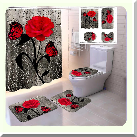 4 Pcs Red Rose Shower Curtain Set with Rugs and Hooks