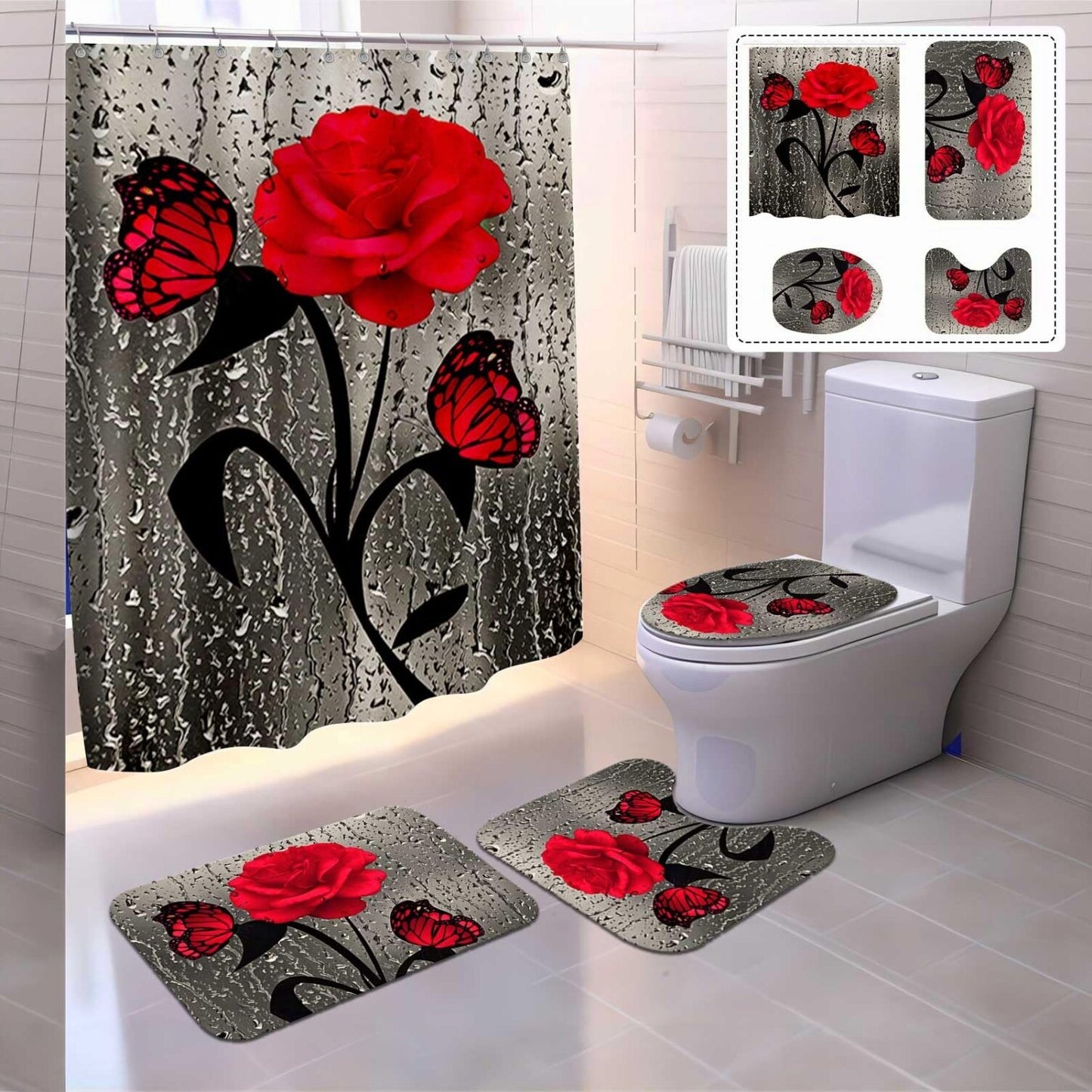 4 Pcs Red Rose Shower Curtain Set with Rugs and Hooks