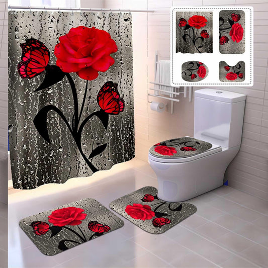 4 Pcs Red Rose Shower Curtain Set with Rugs and Hooks