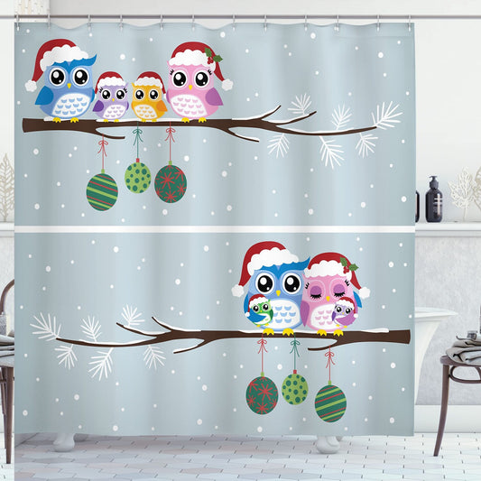 Owl Family Shower Curtain 69x70 inches Grey Blue Pink