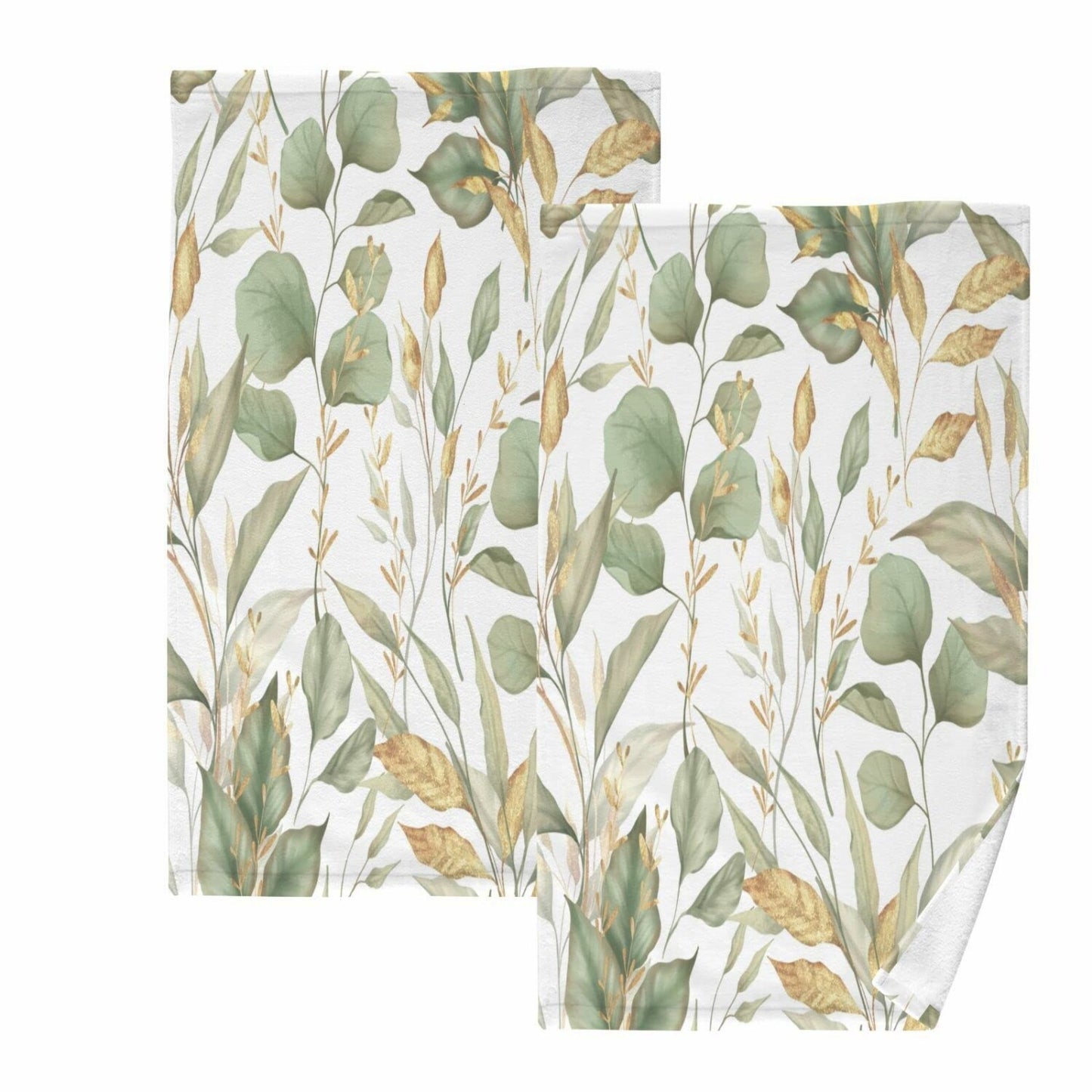 Green Gold Leaves Hand Towels Set of 2 16x28 Inch