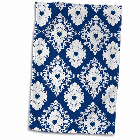 3D Rose Navy Hearts Blue White Damask Hand/Sports Towel