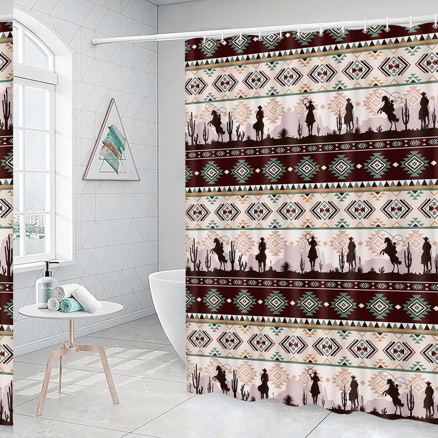 Western Aztec Boho Shower Curtain with 12 Hooks