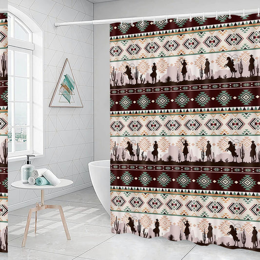 Western Aztec Boho Shower Curtain with 12 Hooks