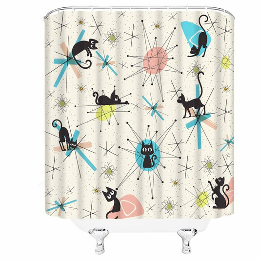 Black Cat Retro Geometric Shower Curtain