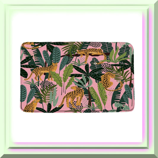 Leopard Palm Leaves Pink Bathroom Rug