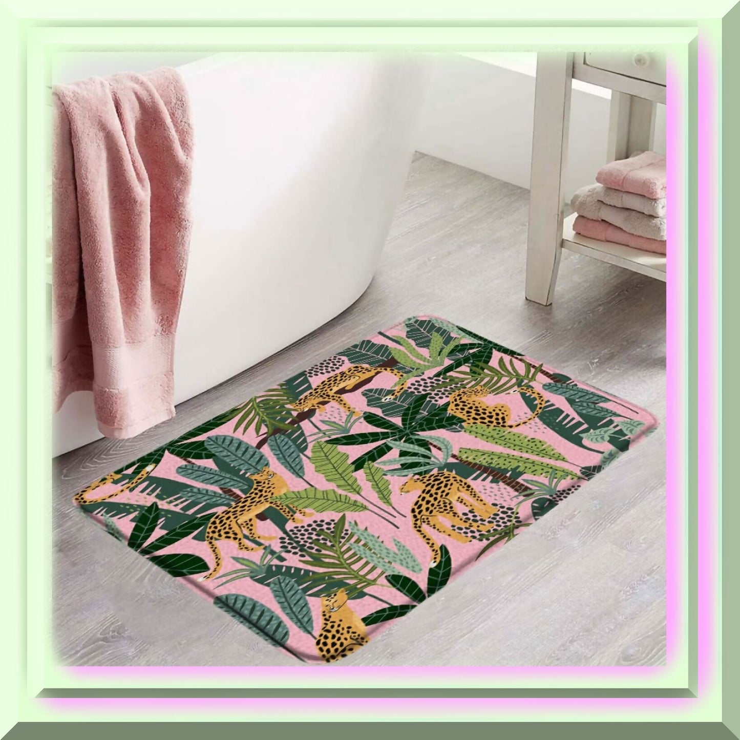 Leopard Palm Leaves Pink Bathroom Rug