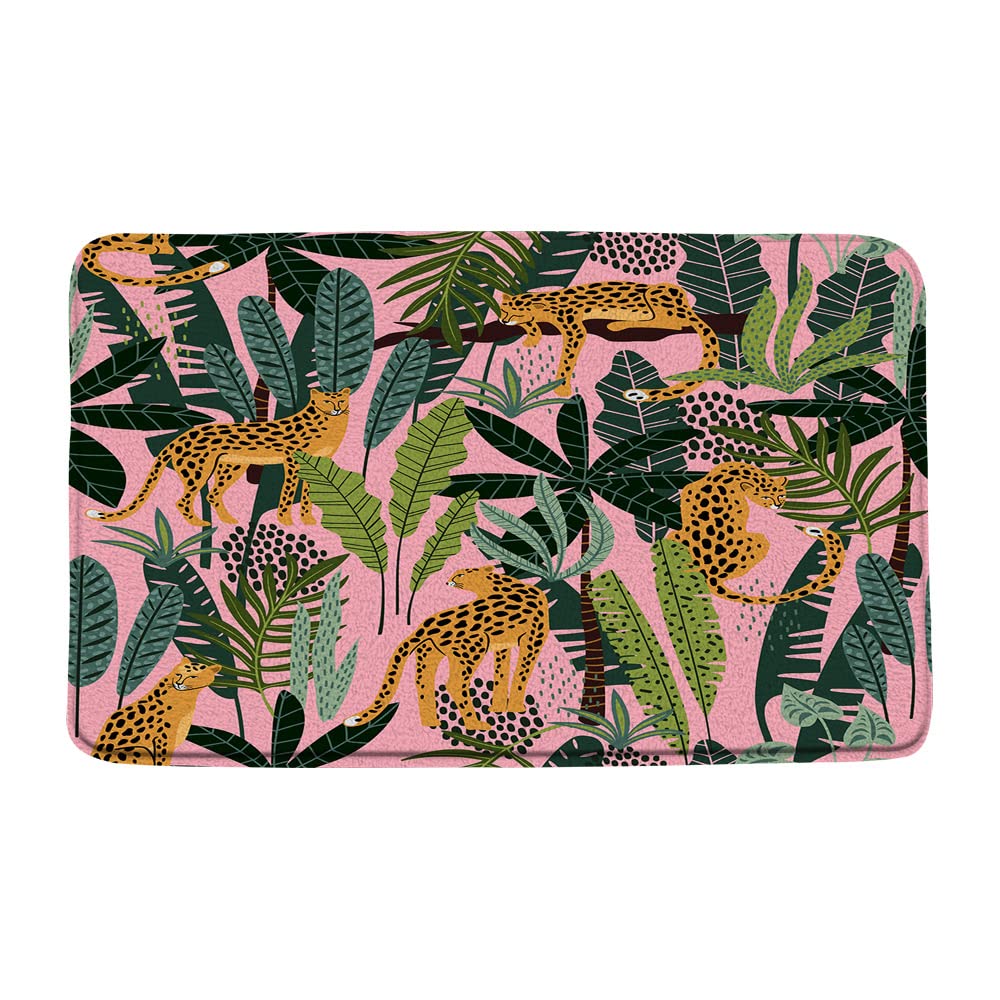 Leopard Palm Leaves Pink Bathroom Rug