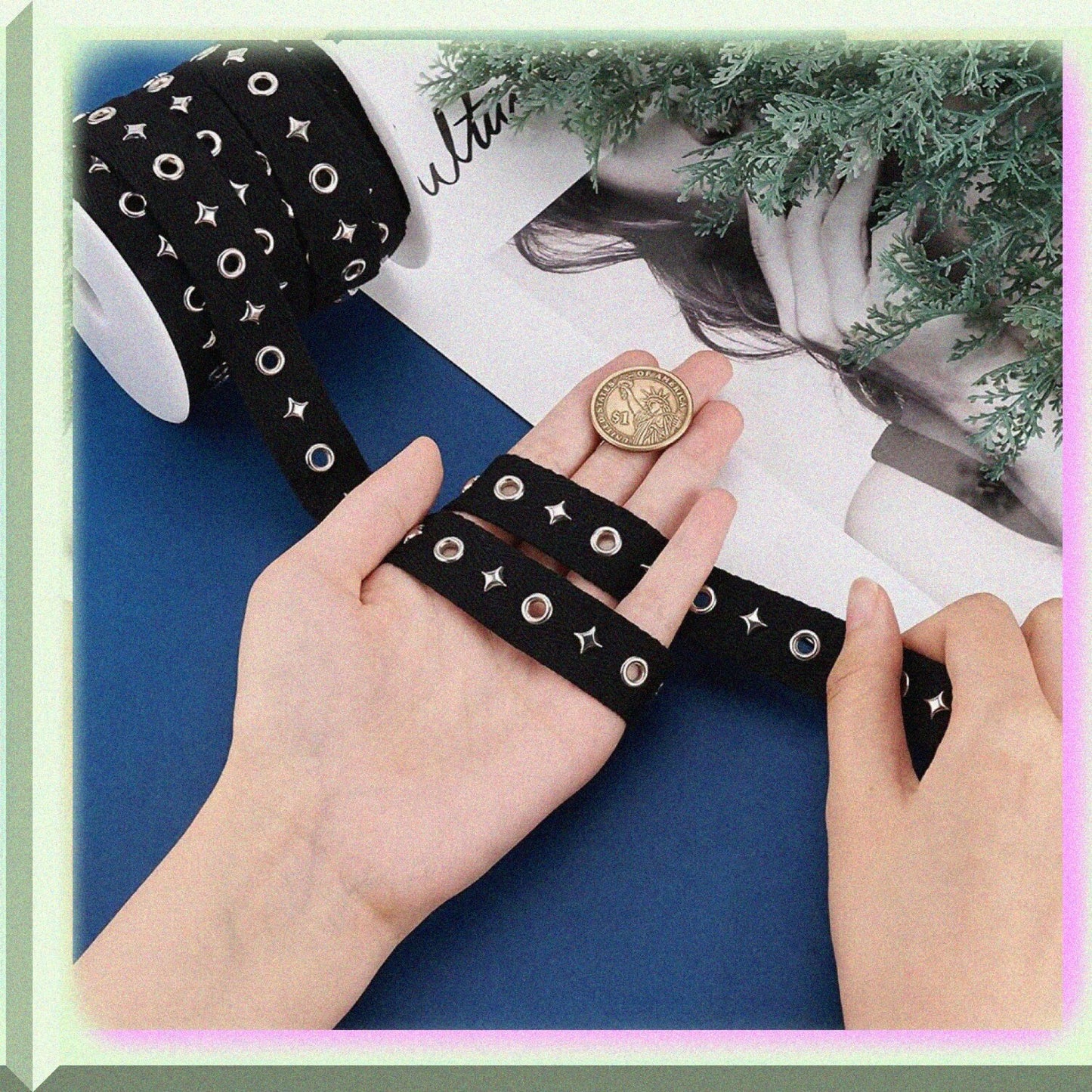 10 Yards Black Cotton Grommet Tape with Silver Metal Holes