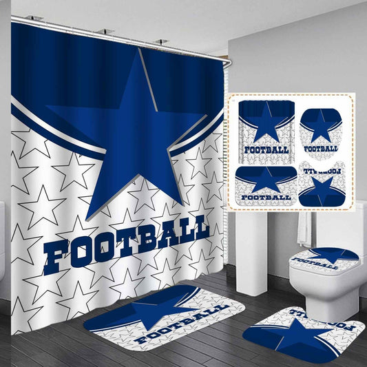 Football Shower Curtain Set with Rugs, White Navy Blue