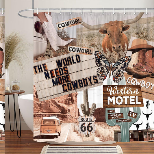 Western Boho Shower Curtain 70x70IN with Cow Butterfly Cactus