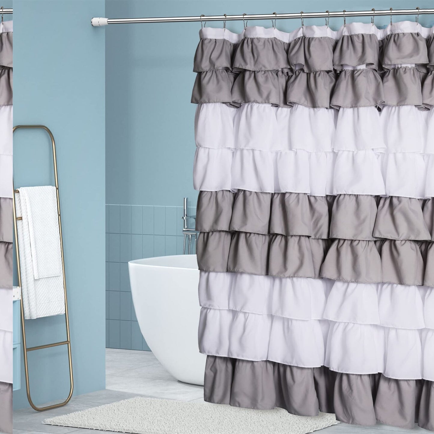 72" x 72" Grey and White Ruffle Shower Curtain