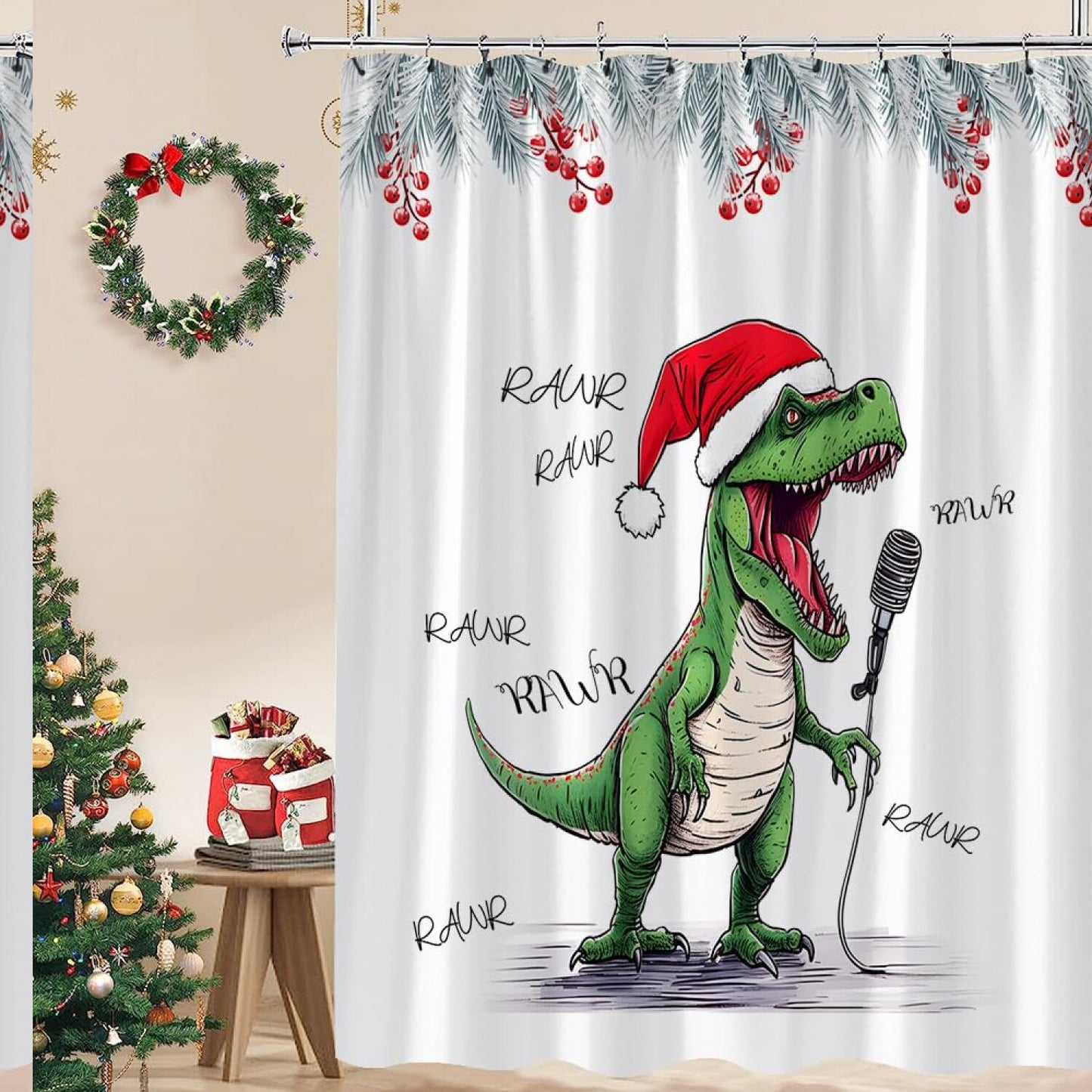 Funny Dinosaur Singing Snowy Pine Tree Shower Curtain with Hooks