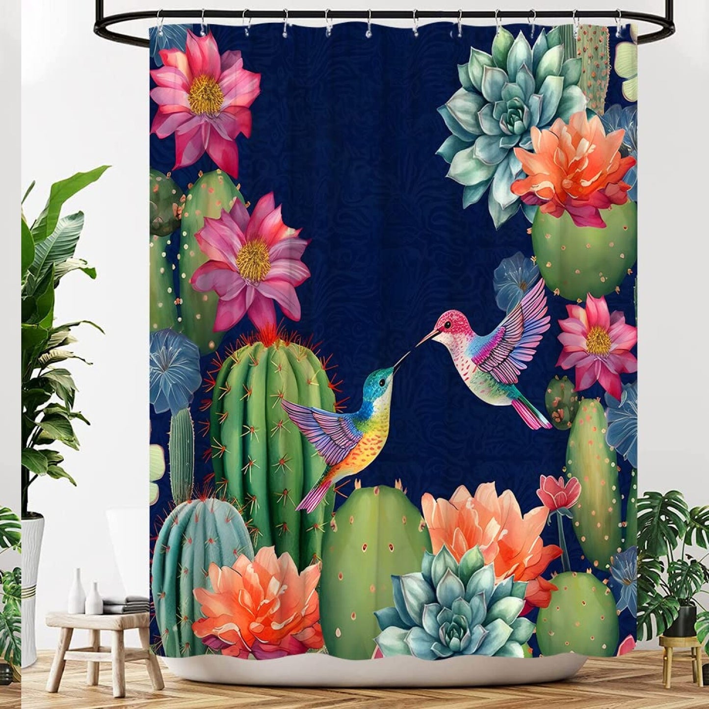 Cactus Shower Curtain Navy Blue Fabric