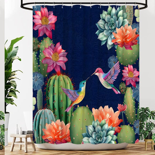 Cactus Shower Curtain Navy Blue Fabric