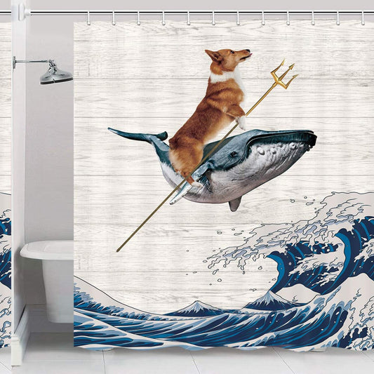 Funny Corgi Dog Ocean Wave Shower Curtain 69x70 Inches