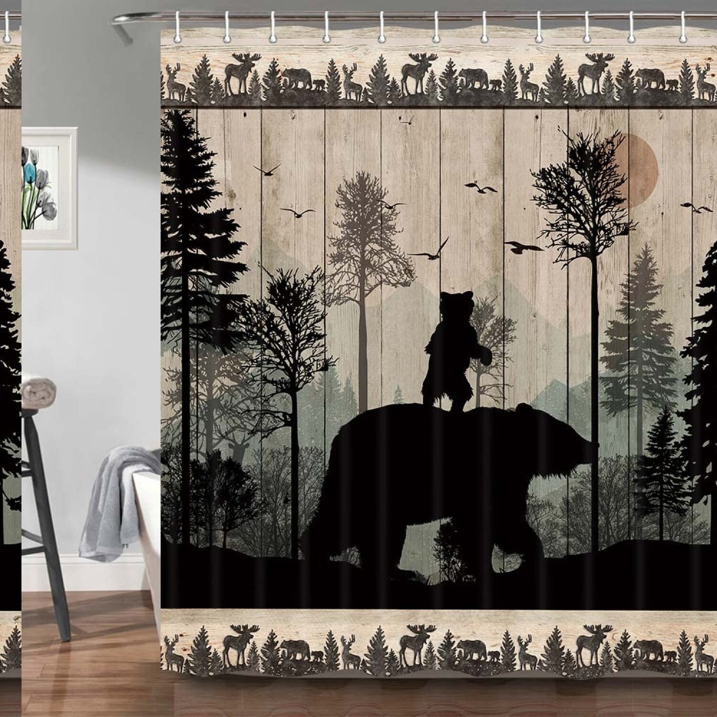 Rustic Bear Forest Woodland Shower Curtain Set