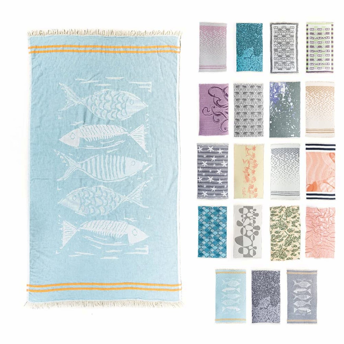 Turkish Cotton Beach Towel 37x68 Aqua Fish