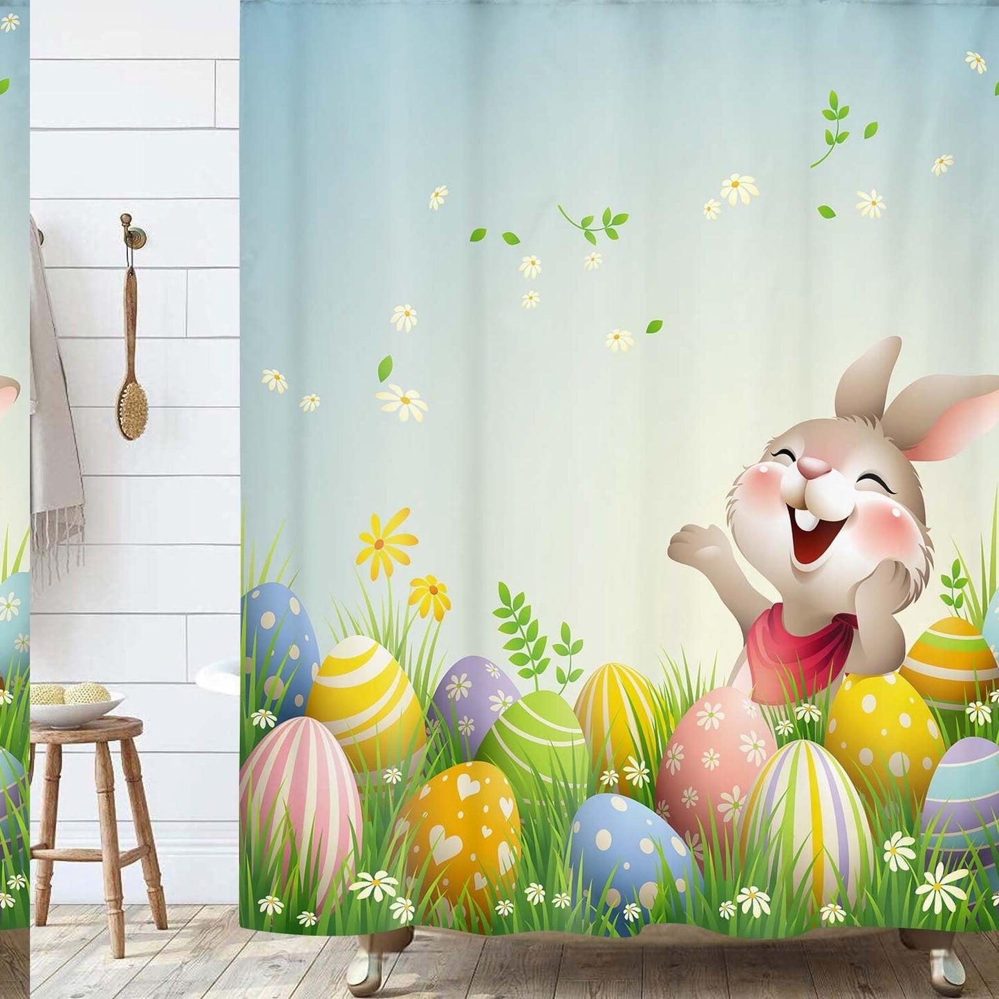 Rabbit and Eggs Blue Fabric Shower Curtain 69x70in