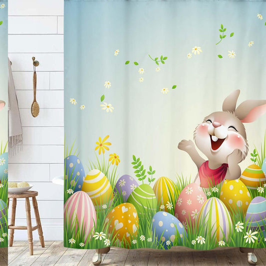 Rabbit and Eggs Blue Fabric Shower Curtain 69x70in