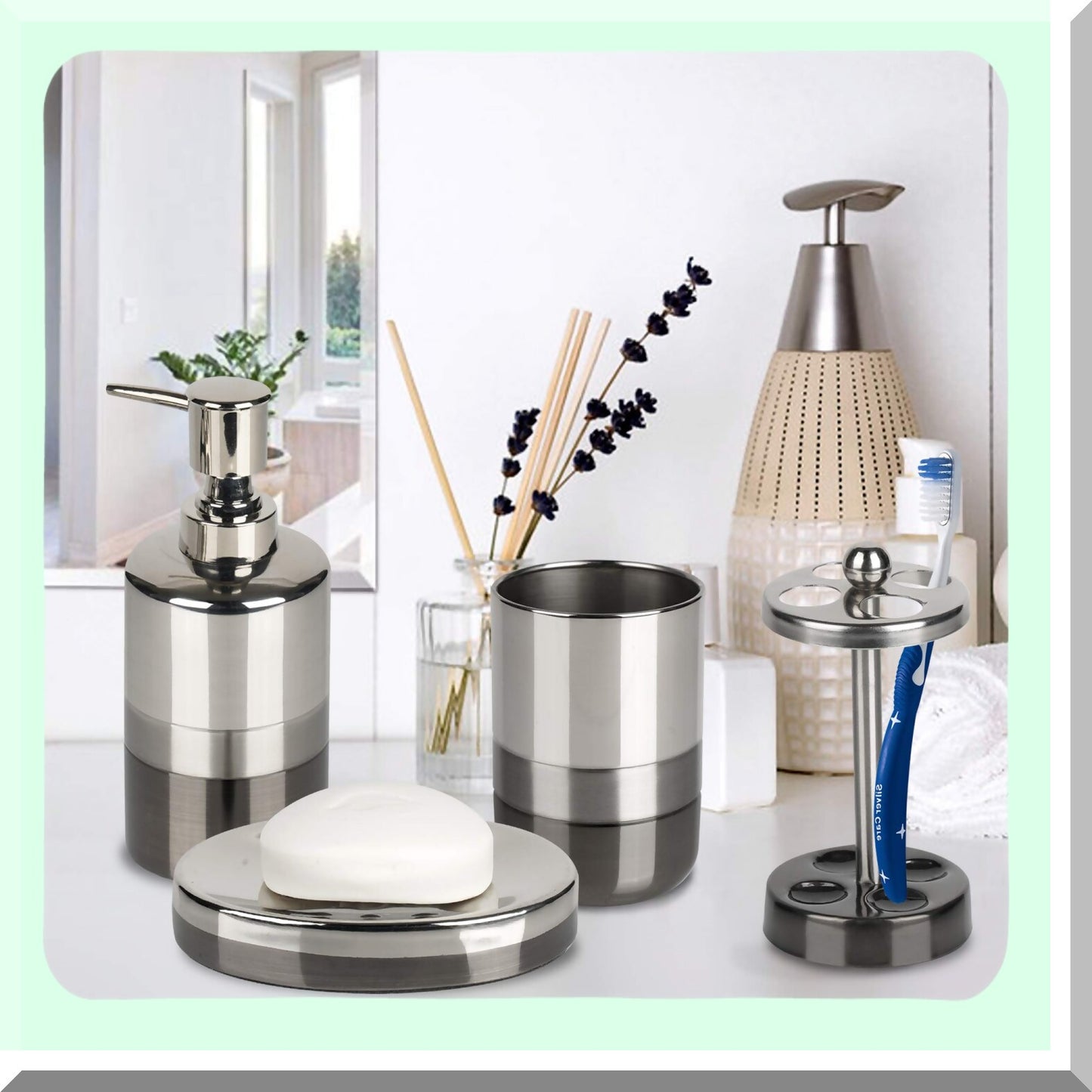 Set of 4 Triune Bath Accessories in Gray Stainless Steel