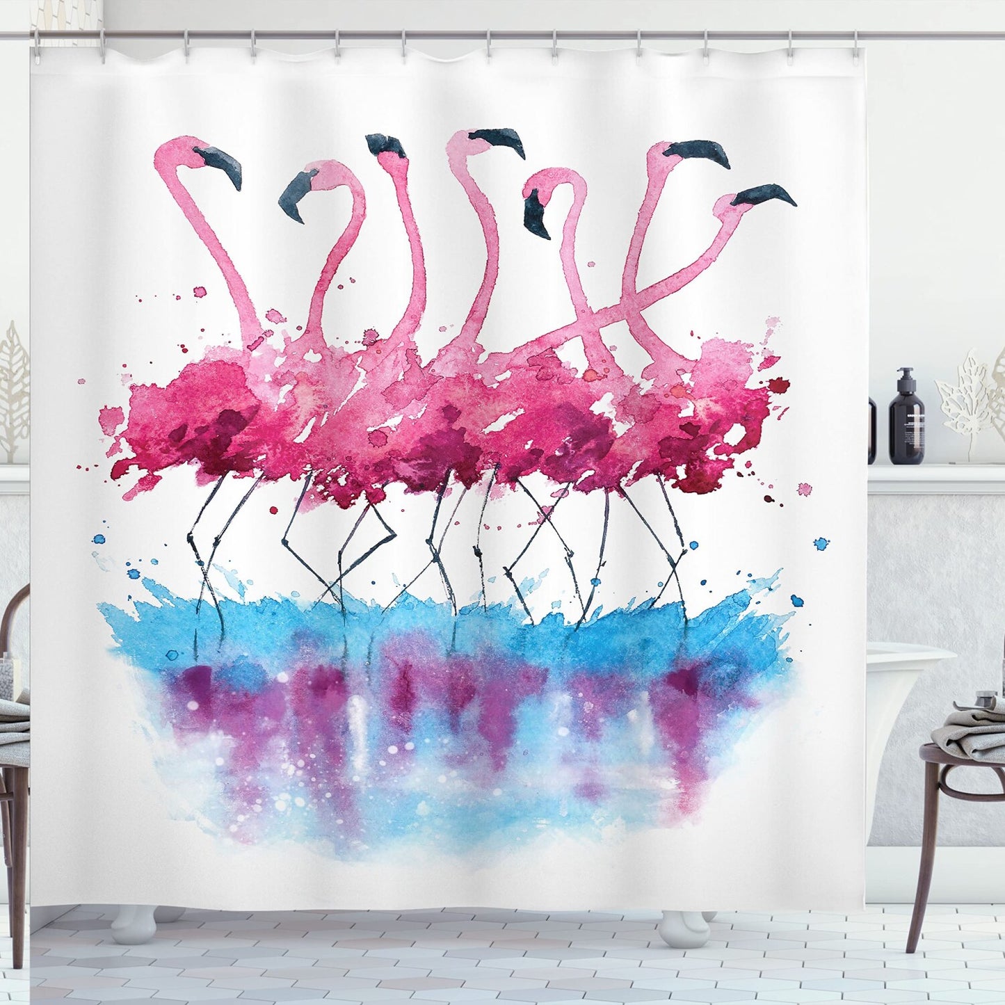 Animal Shower Curtain with Flamingos and Birds Design 69x70 Inches