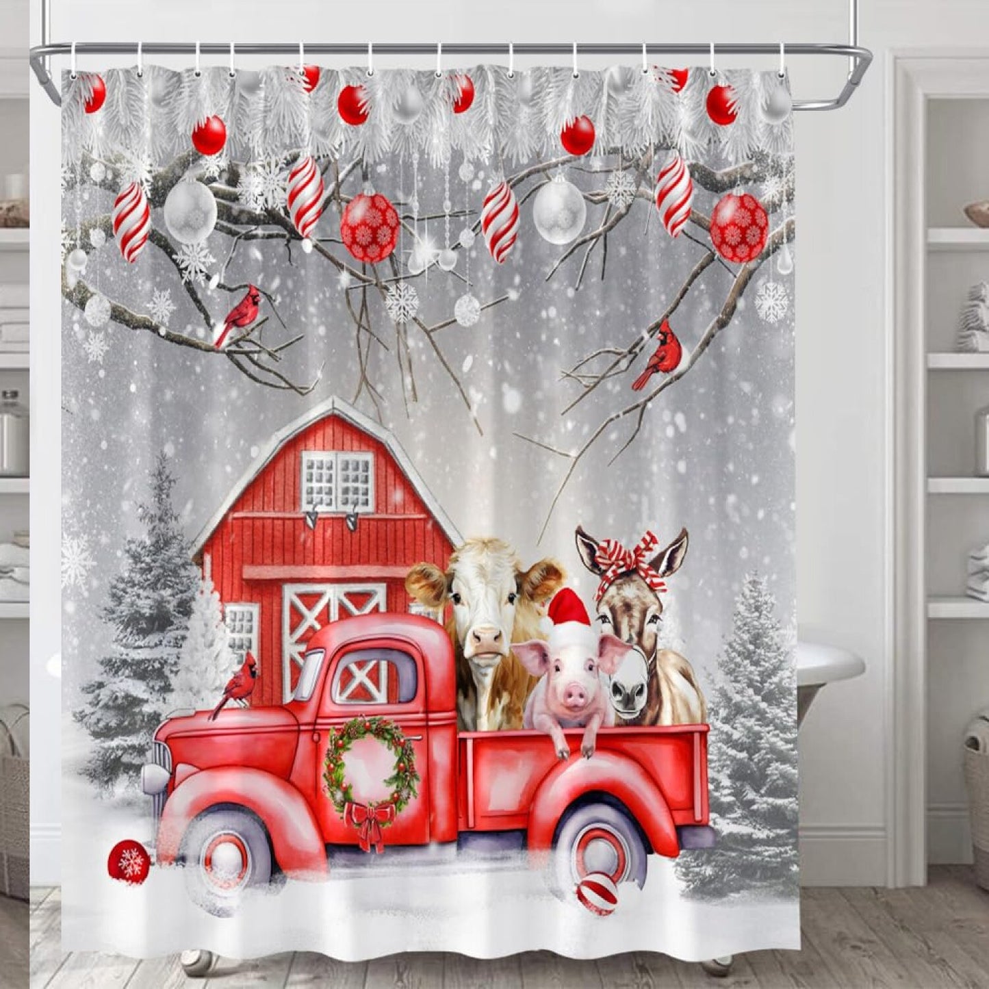 Winter Farmhouse Red Truck Shower Curtain 70x70 inches