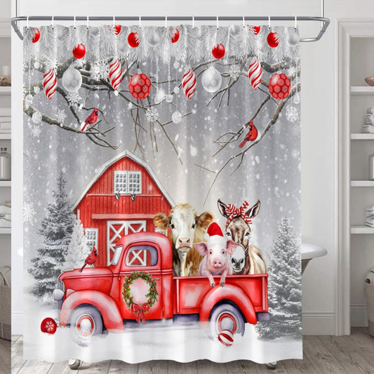 Winter Farmhouse Red Truck Shower Curtain 70x70 inches