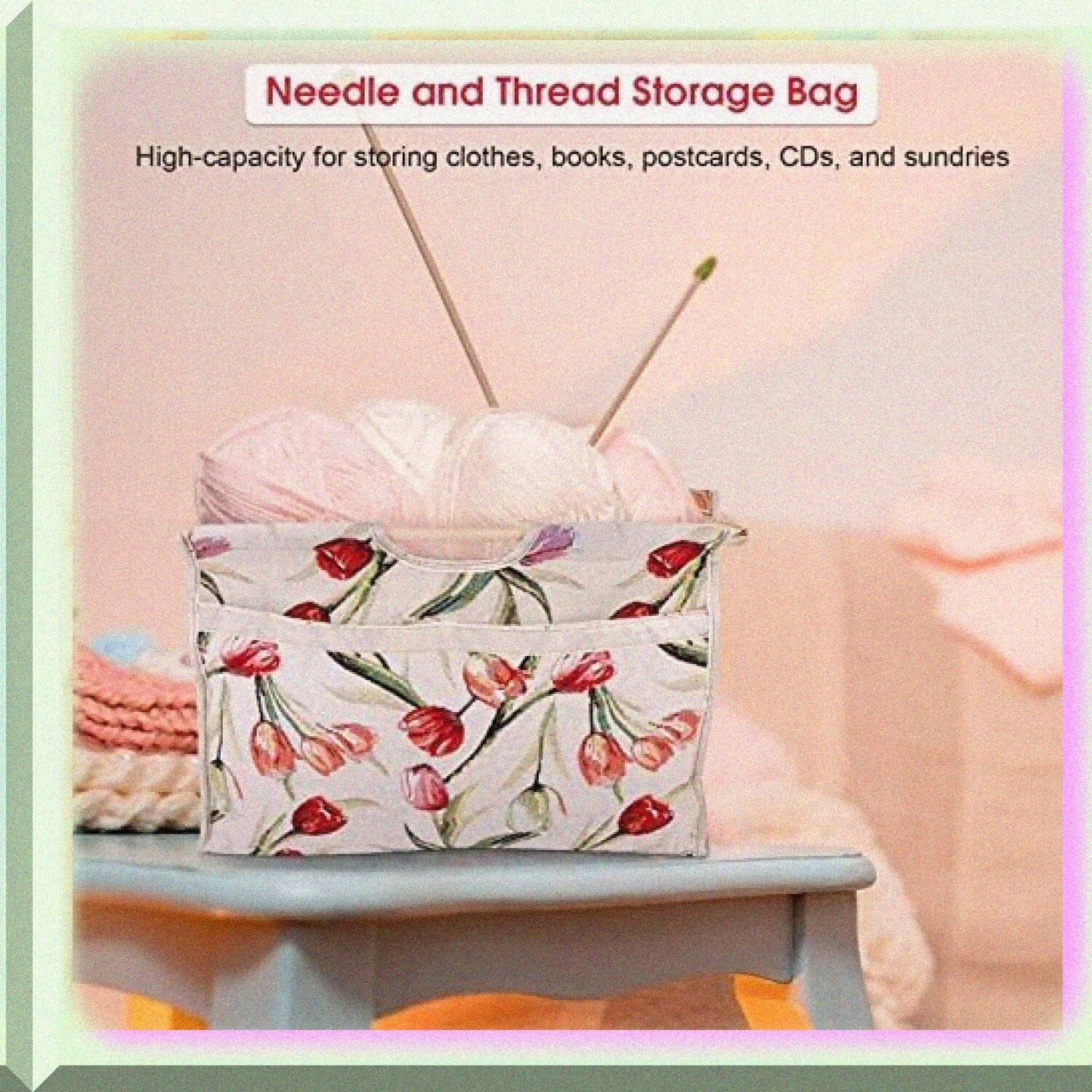 Woven Storage Bag with Handle Red Flower