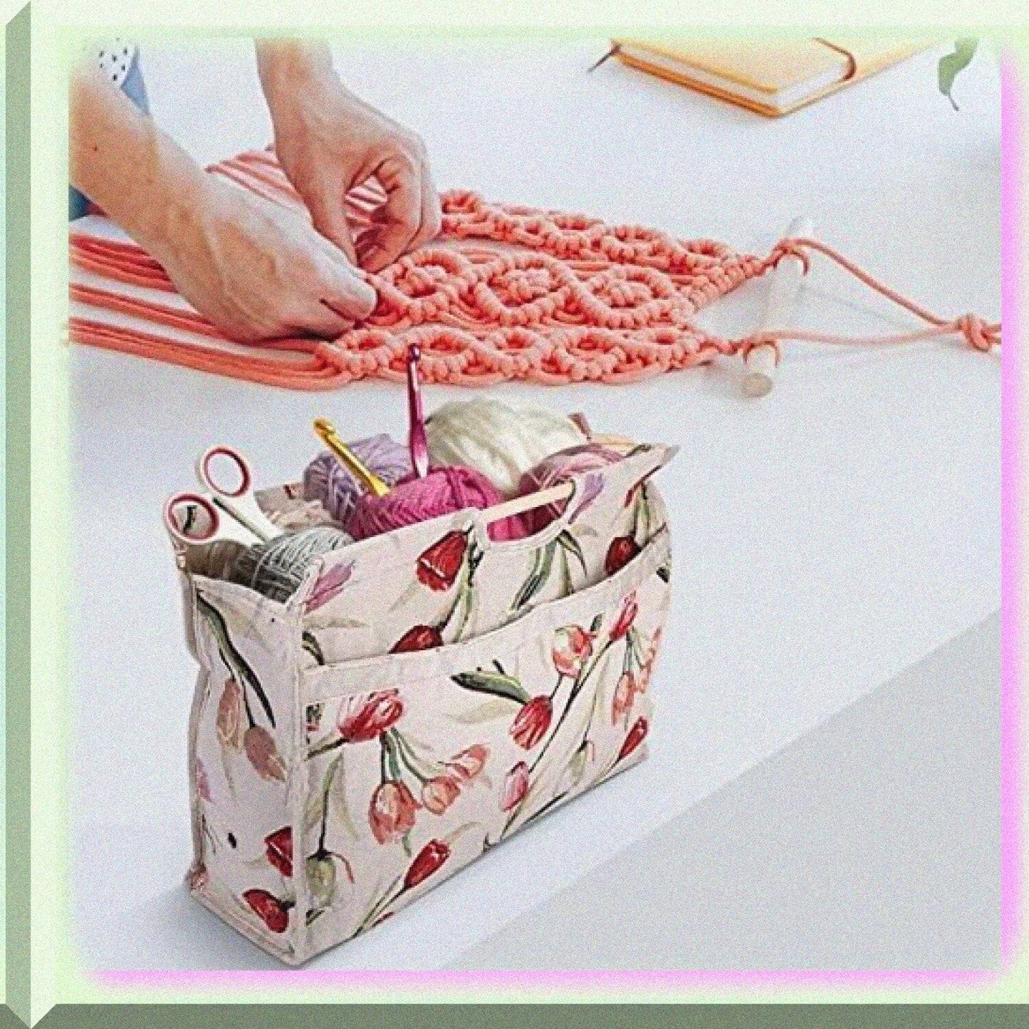 Woven Storage Bag with Handle Red Flower