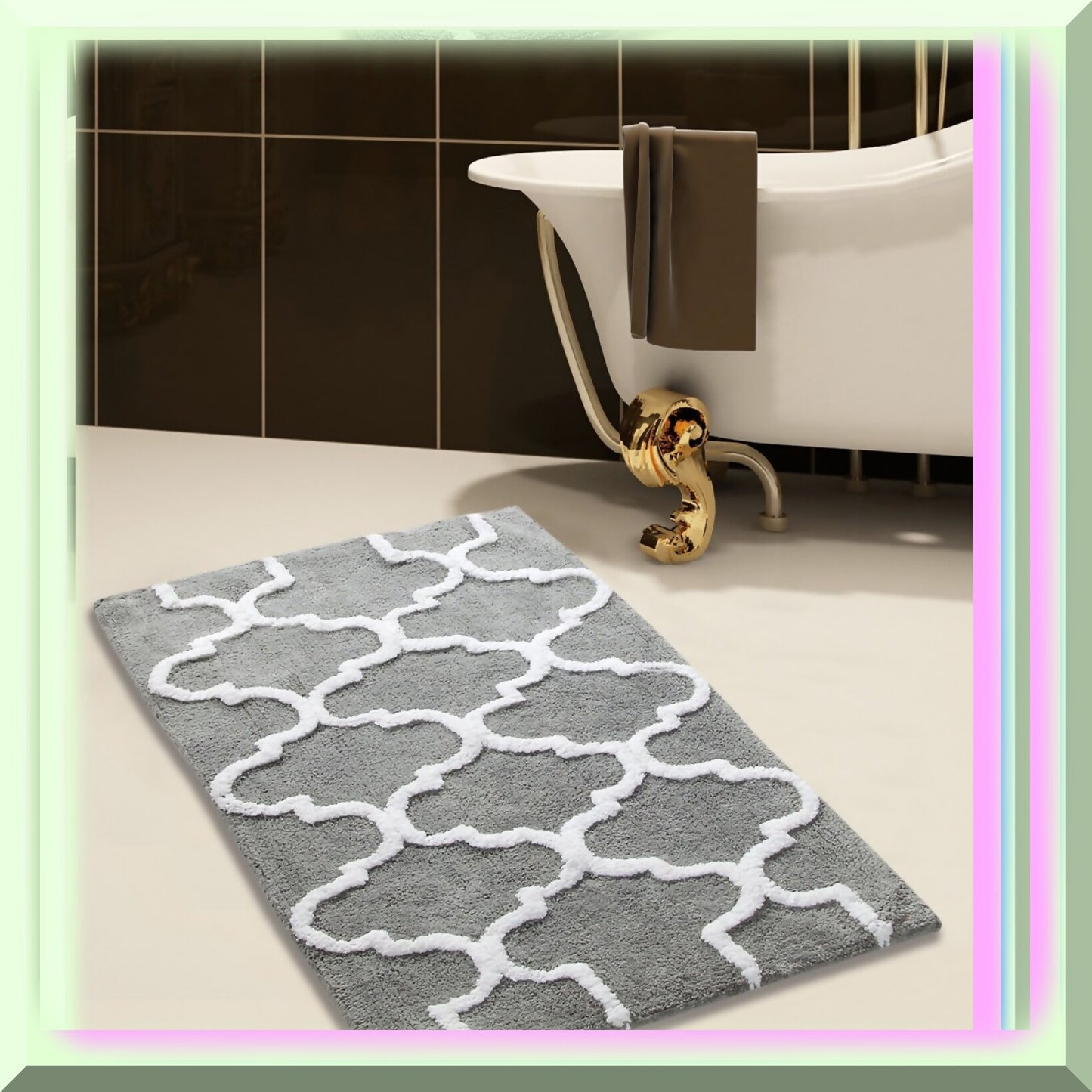 Cotton Bath Rug 36x24 Inch Grey/White Geometric