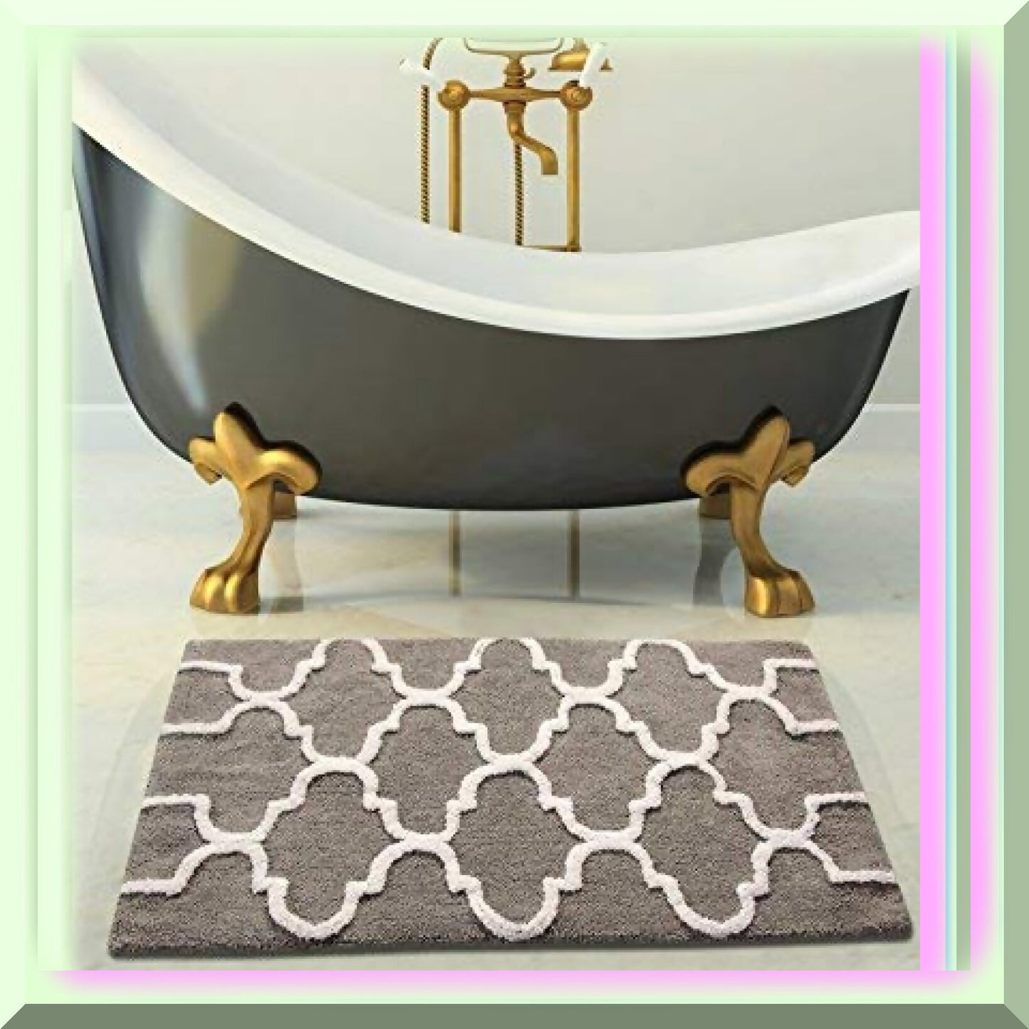 Cotton Bath Rug 36x24 Inch Grey/White Geometric