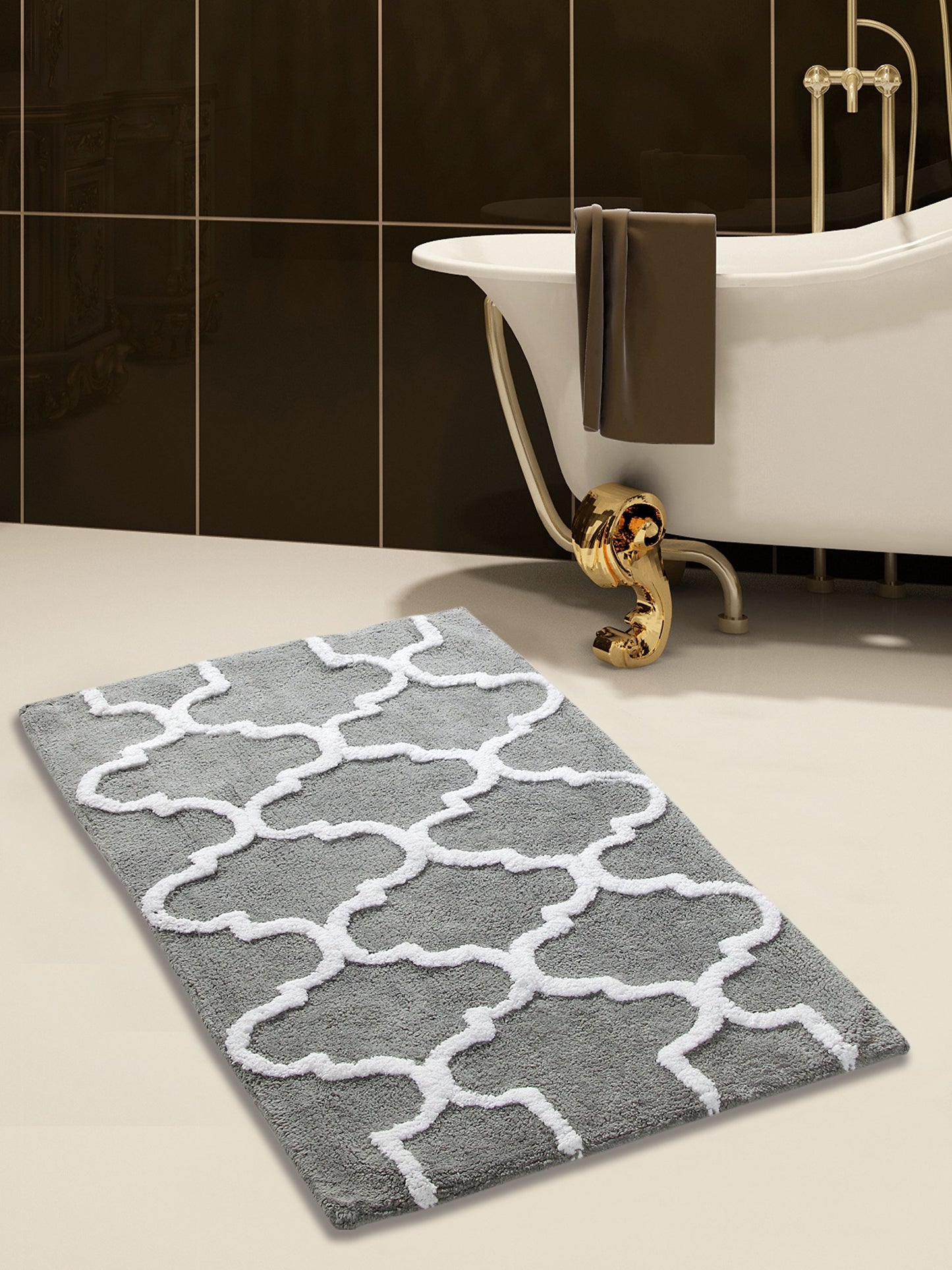 Cotton Bath Rug 36x24 Inch Grey/White Geometric