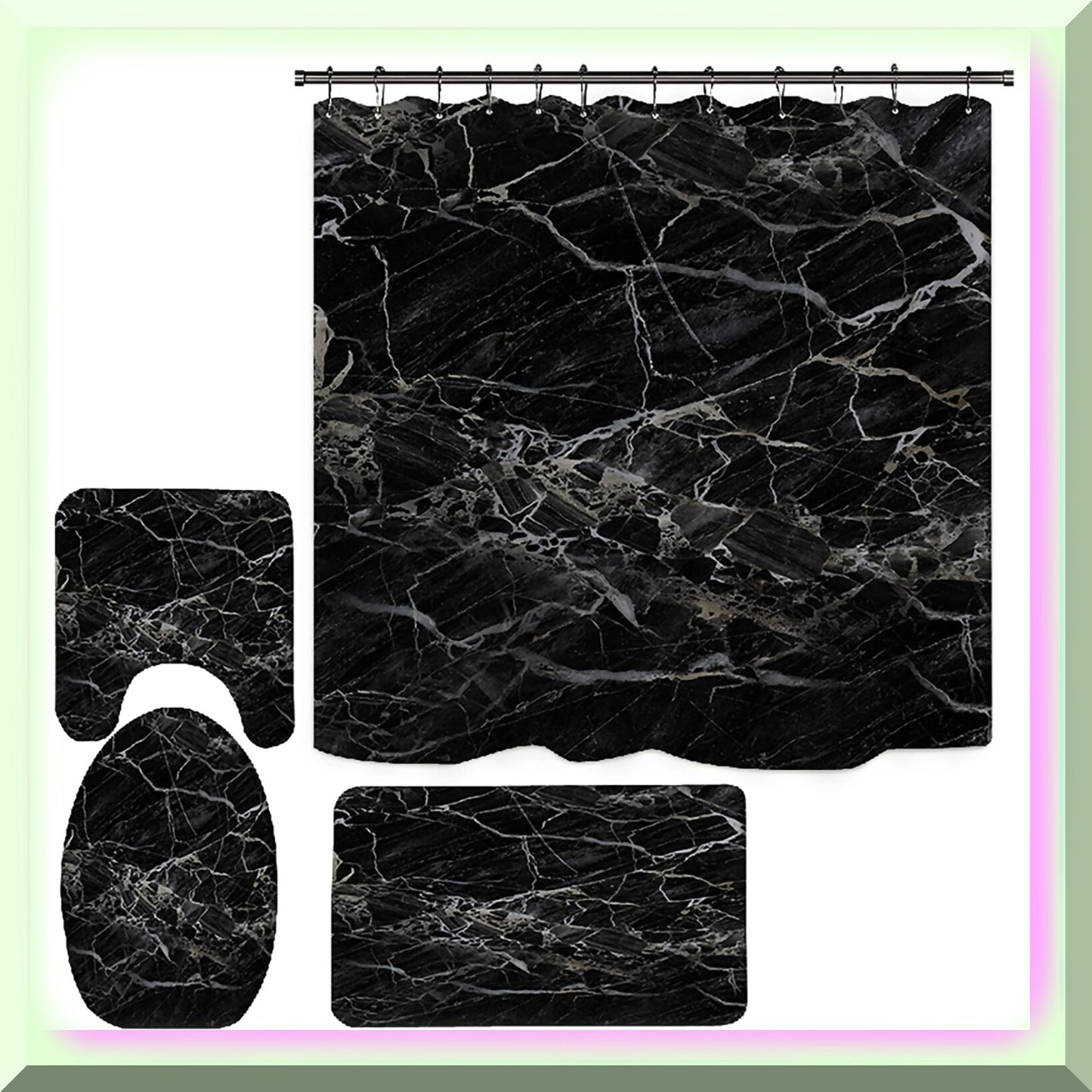 Black Marble Shower Curtain and Bath Rug Set, 4 Pcs