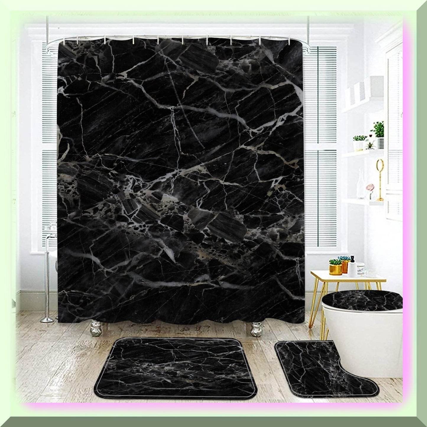 Black Marble Shower Curtain and Bath Rug Set, 4 Pcs