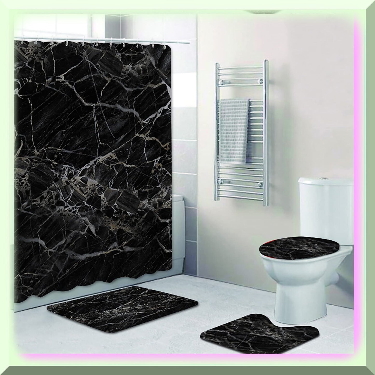 Black Marble Shower Curtain and Bath Rug Set, 4 Pcs