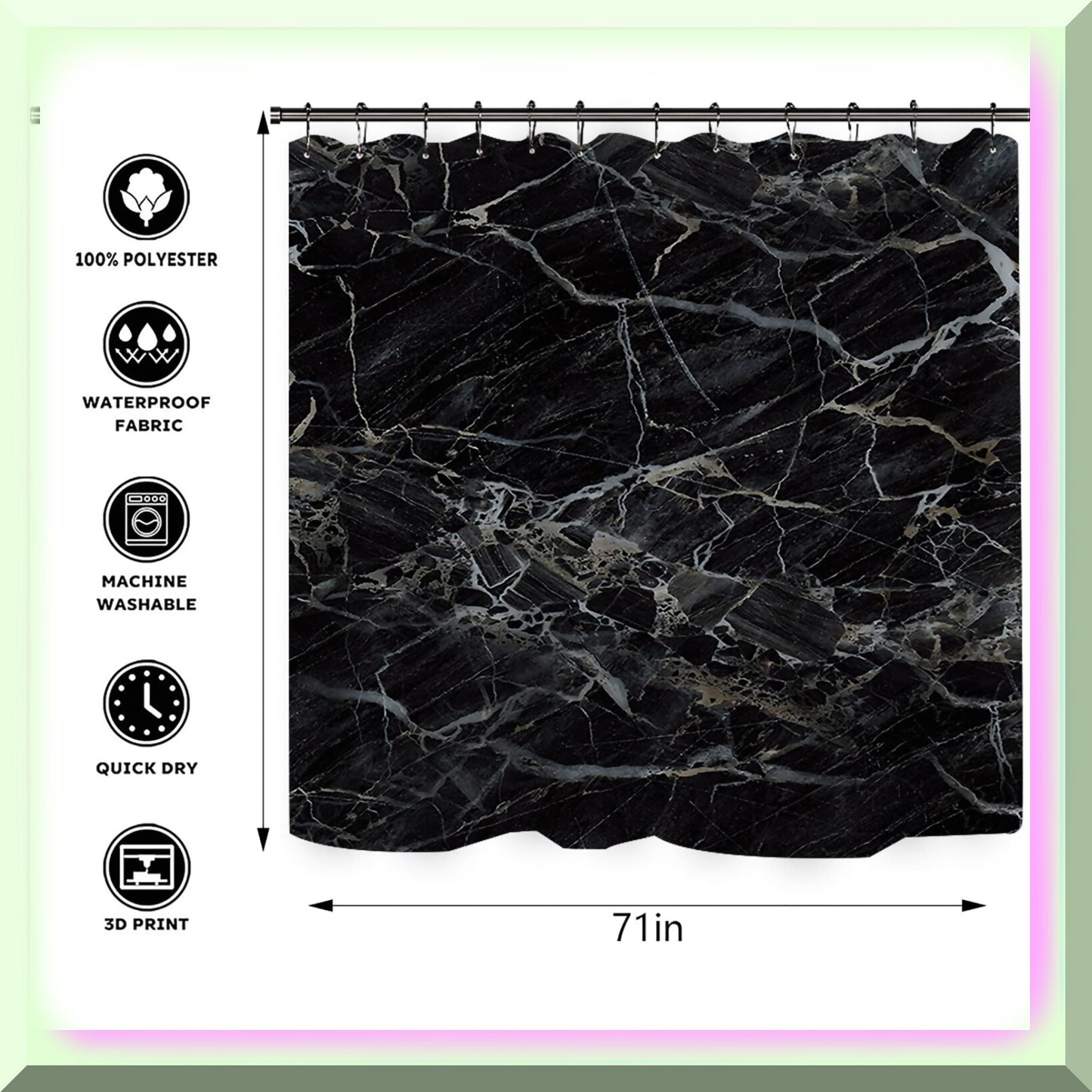 Black Marble Shower Curtain and Bath Rug Set, 4 Pcs