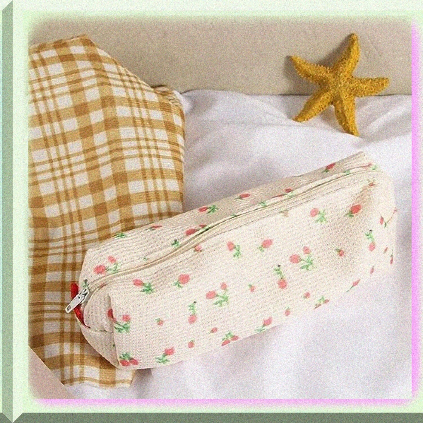 Pink Floral Canvas Pencil Bag with Strawberries