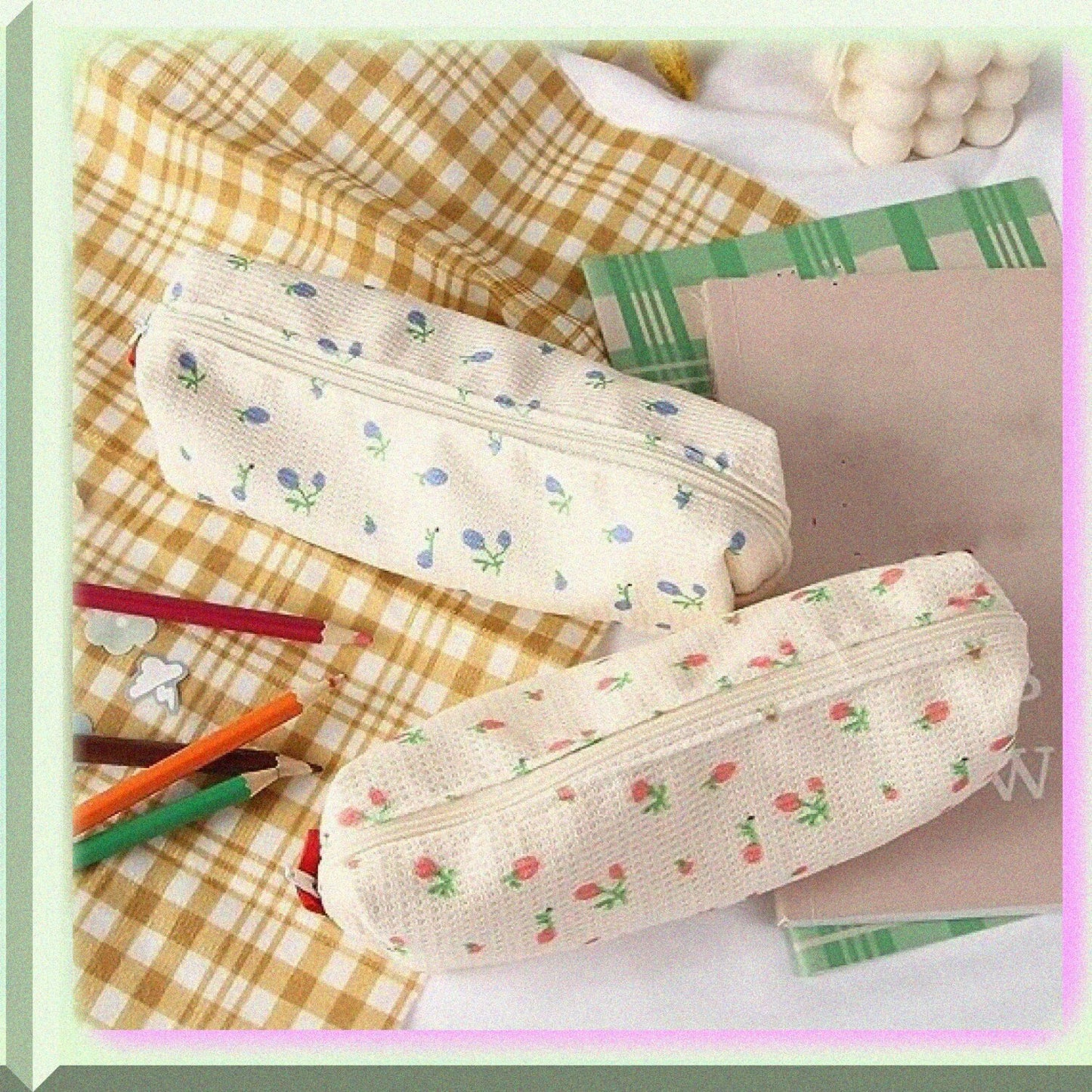 Pink Floral Canvas Pencil Bag with Strawberries