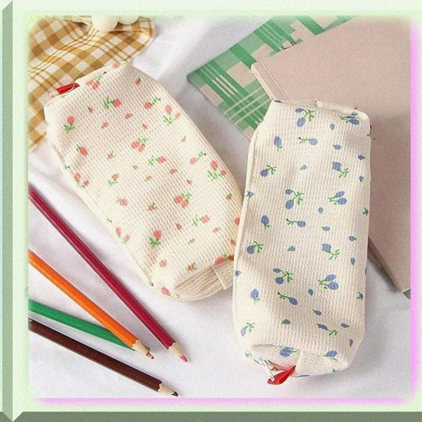 Pink Floral Canvas Pencil Bag with Strawberries