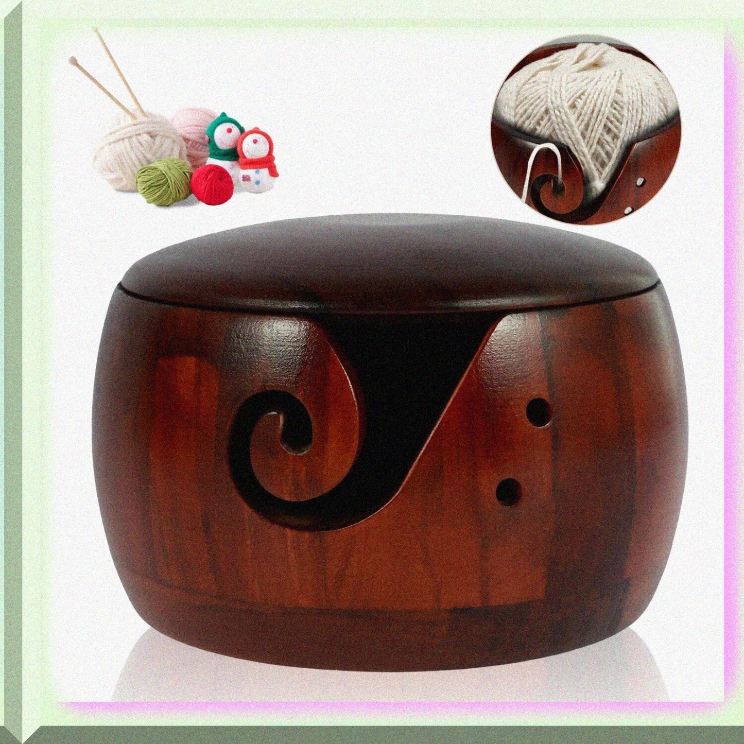 Wooden Yarn Bowl with Lid, 5.9x5.9x3in