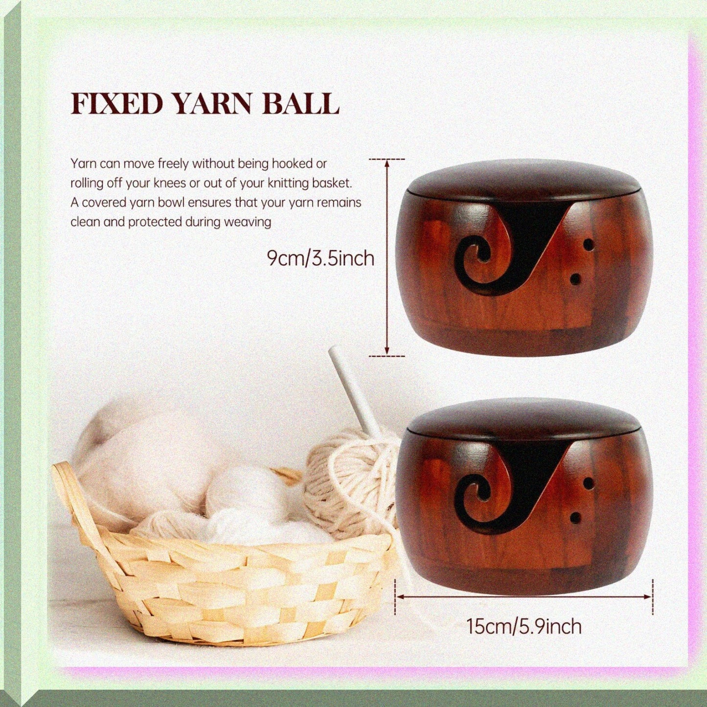 Wooden Yarn Bowl with Lid, 5.9x5.9x3in
