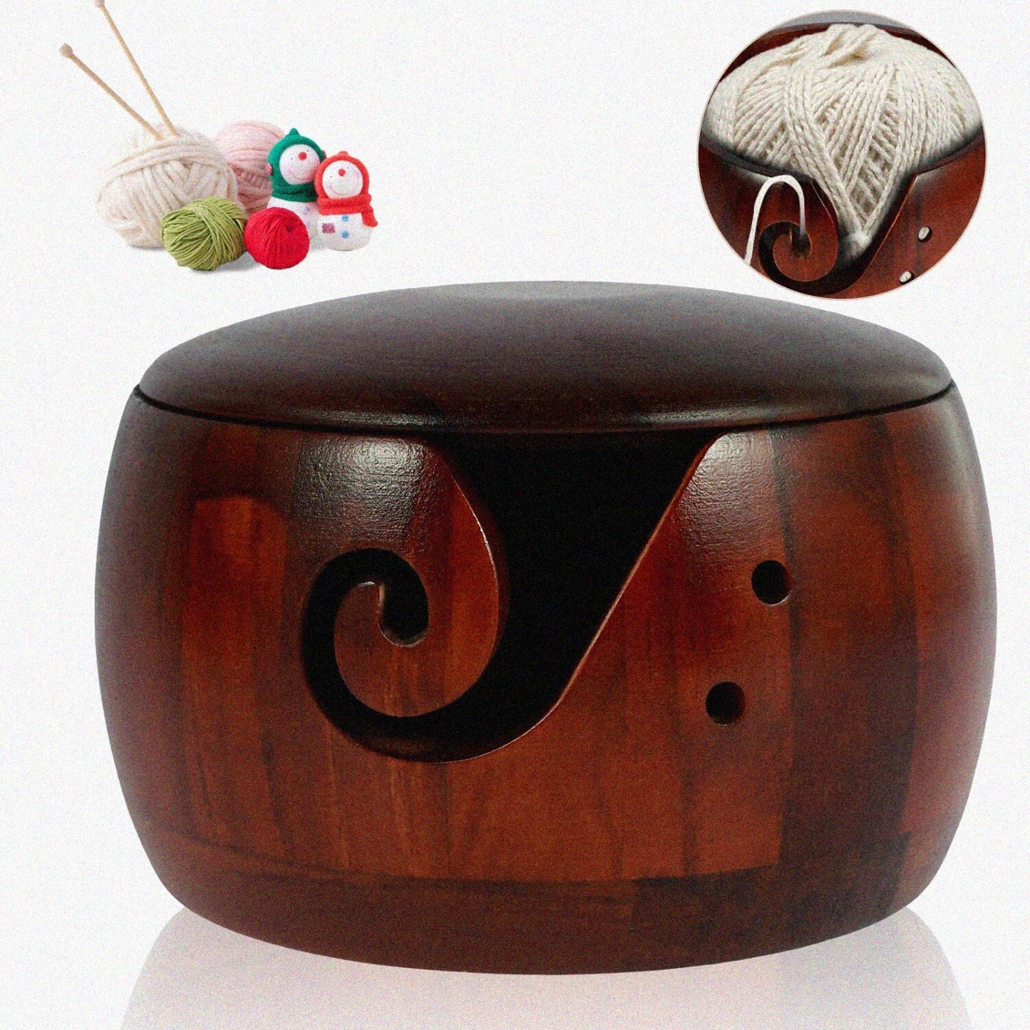 Wooden Yarn Bowl with Lid, 5.9x5.9x3in