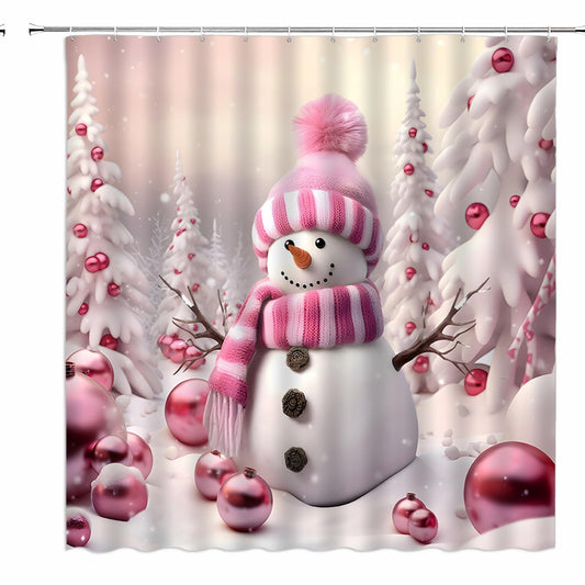 Snowman Winter Forest Pink Shower Curtain 180x180CM